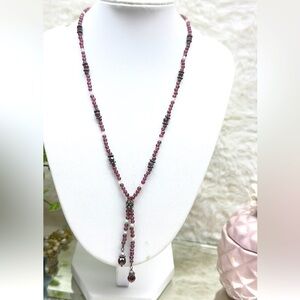 Dark 925 Sterling Silver Garnet, Crystal Beaded Necklace